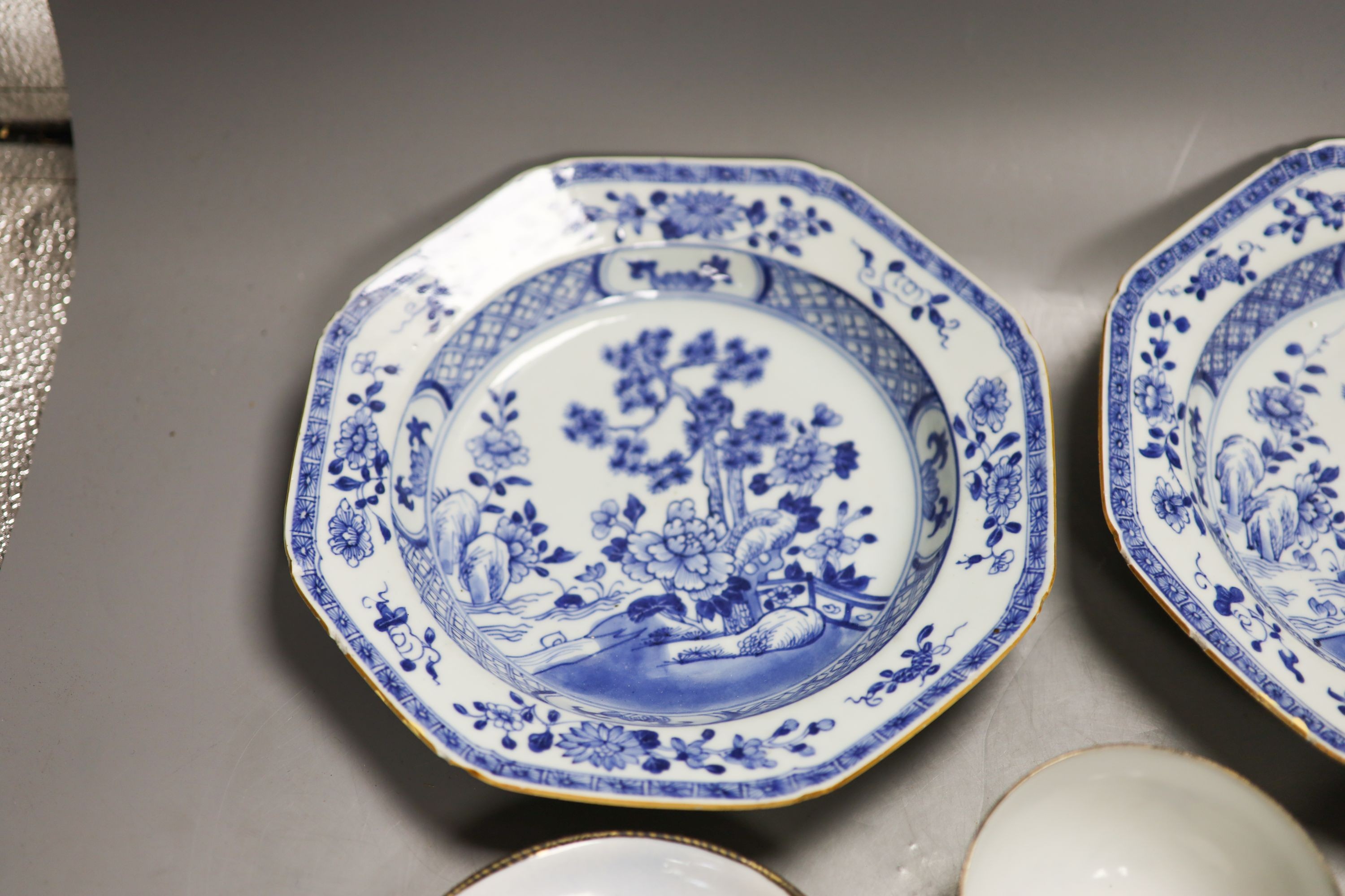 A pair of 18th century Chinese blue and white plates etc